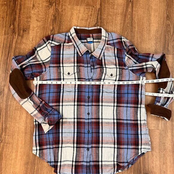 Kavu Flannel Blue Brown Plaid Corduroy Elbow Patch Outdoor Size XL - Picture 7 of 11